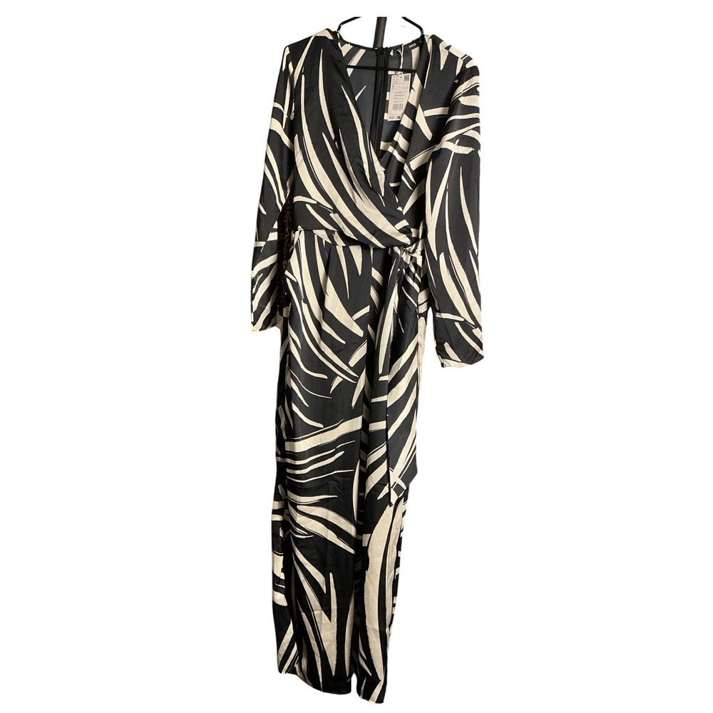 Mango Woman Black & Beige Abstract Print Long Sleeve Maxi Jumpsuit M